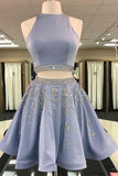 Two Piece Round Neck Light Sky Blue Beaded Satin Homecoming Dress PG188 - Tirdress