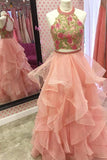 Two Piece Round Neck Tiered Pink Open Back Prom Dress with Appliques PG454 - Tirdress