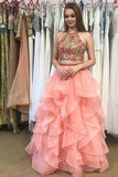 Two Piece Round Neck Tiered Pink Open Back Prom Dress with Appliques PG454 - Tirdress