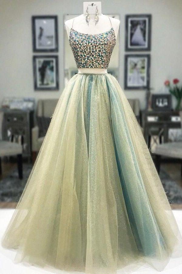 Two Piece Round Neck Tulle Beading Prom Dresses Evening Dresses TP1080 - Tirdress