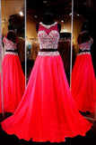 Two Piece Scoop Sleeveless Red Chiffon Prom Dresses With Beading PG278 - Tirdress