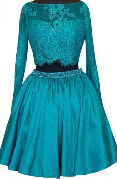 Two Piece Short Open Back Long Sleeves Turquoise Homecoming Dress TP0008 - Tirdress