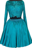 Robe de bal deux pièces courte dos ouvert manches longues turquoise TP0008