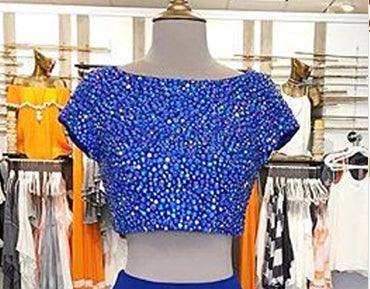 Two Piece Short Sleeves Long Royal Blue Mermaid Prom Dress With Beading TP0036 - Tirdress