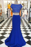 Two Piece Short Sleeves Long Royal Blue Mermaid Prom Dress With Beading TP0036