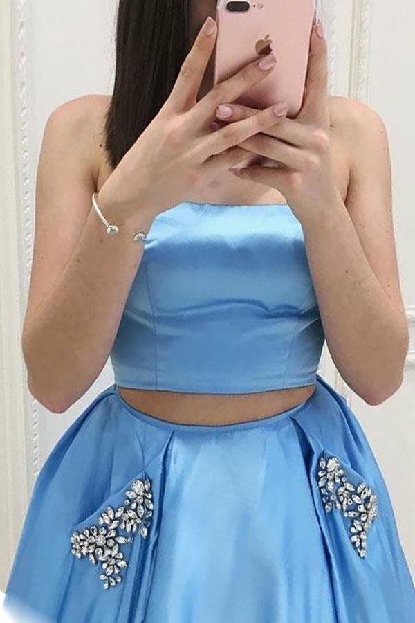 Two Piece Strapless Sweep Train Blue Satin Prom Dresses with Pockets PG479 - Tirdress