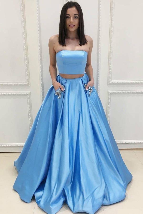 Two Piece Strapless Sweep Train Blue Satin Prom Dresses with Pockets PG479 - Tirdress
