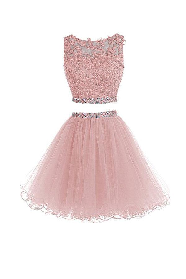 Two Piece Tulle Homecoming Dresses Short Prom Dresses With Beading TR0018 - Tirdress