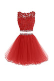 Two Piece Tulle Homecoming Dresses Short Wind Red Dresses With Beading TR0019