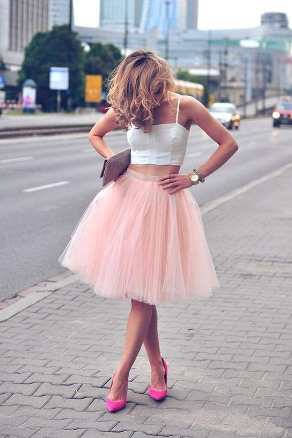 Two Piece Tulle Pink Spaghetti-Strap Sleeveless Homecoming Dresses PG100 - Tirdress
