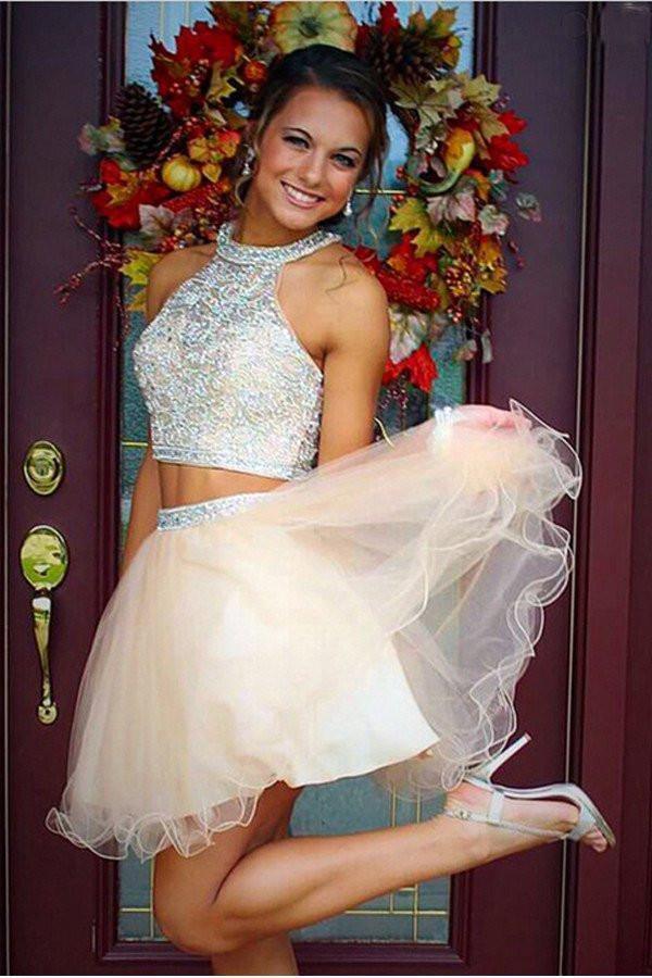 Two Piece Tulle Prom Dresses Homecoming Dresses With Beading US10 / As Picture Two Piece Tulle Prom Dresses Homecoming Dresses With Beading US10 / As Picture