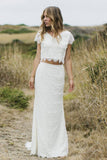Two Piece V-Neck Cap Sleeves White Lace Wedding Dress TN154 - Tirdress