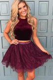 Two Pieces Burgundy Lace Homecoming Dress Short Dress With Sequins PG186