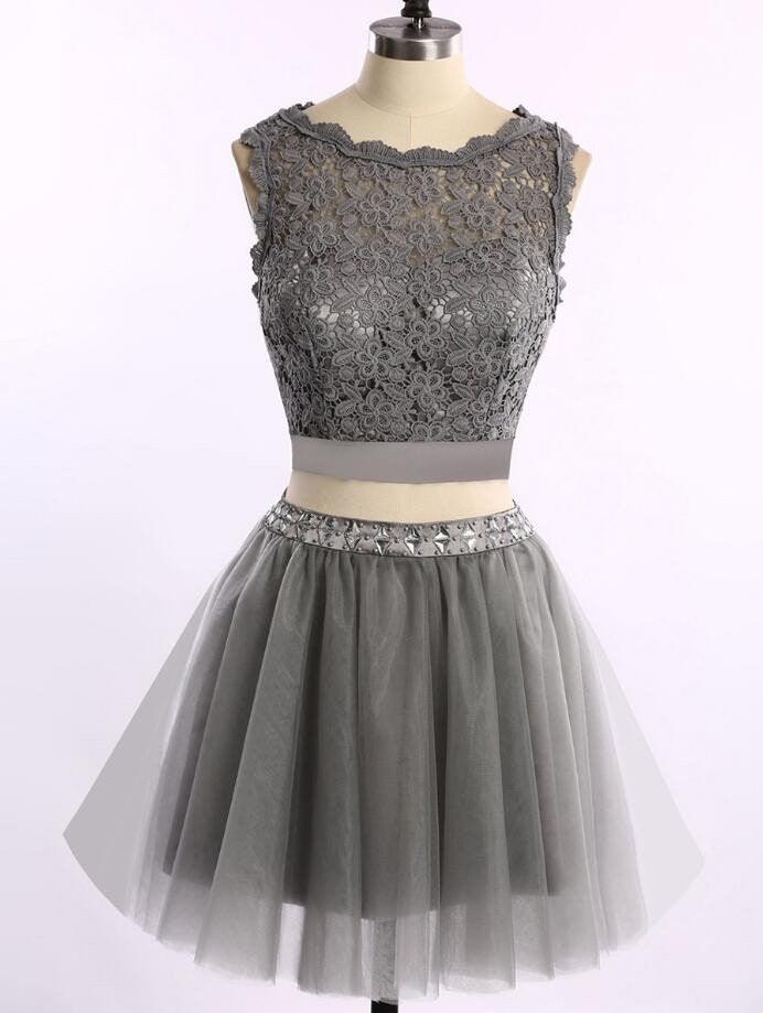 Two Pieces Grey Lace Tulle Homecoming/Prom Dresses TR0025 - Tirdress