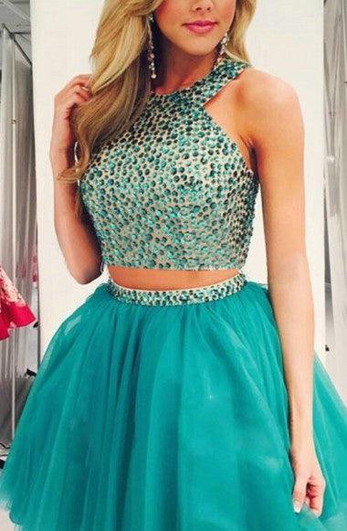 Two Pieces Scoop Sleeveless Tulle Homecoming Dress With Beading TR0045 - Tirdress