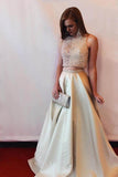 Two-piece Beaded A-line  Sleeveless Satin Long Prom Dress Evening Dress PG394