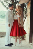 Off-the-shoulder Short Sleeves Red Tea-Length Homecoming Dress TR0093
