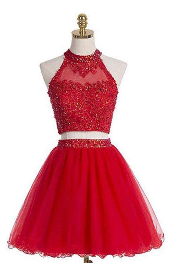 Two pieces Halter Red Sleeveless Homecoming Dress PG021 - Tirdress