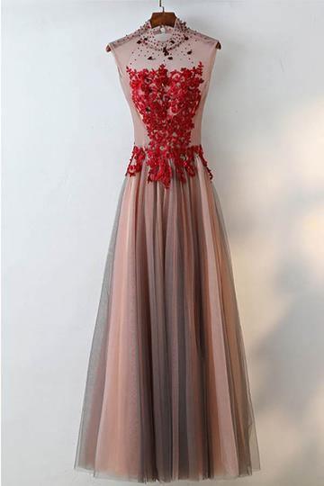 Unique High Neck Black Tulle And Red Lace Sleeveless Prom Dress TD003 - Tirdress