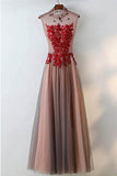 Unique High Neck Black Tulle And Red Lace Sleeveless Prom Dress   TD003