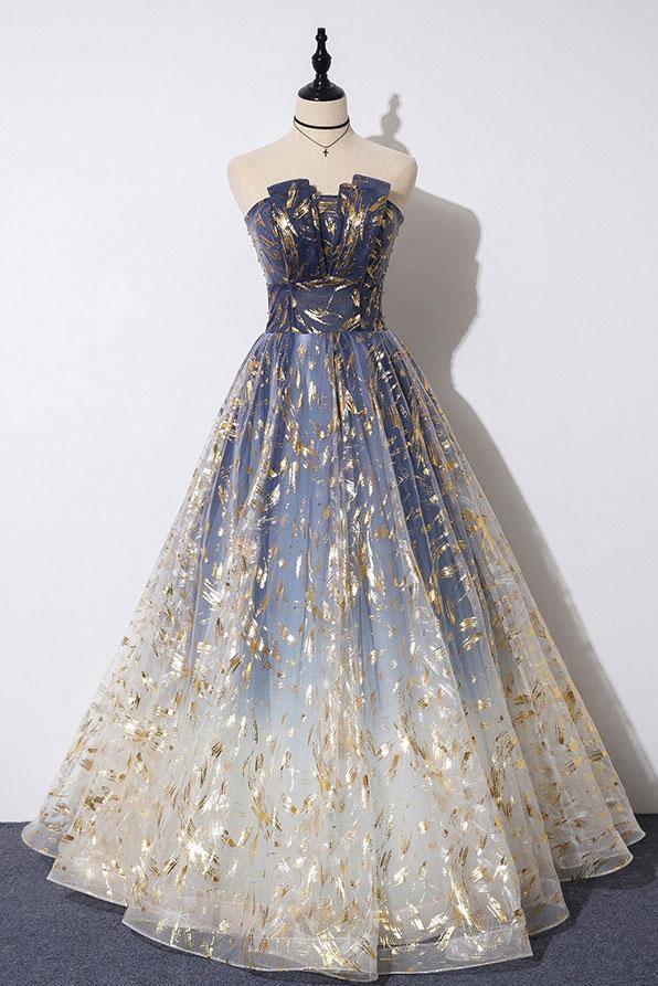 Unique A Line Strapless Ombre Long Prom Dress Stunning Party Dresses TP0943 - Tirdress
