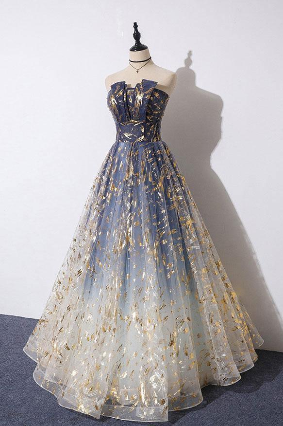 Unique A Line Strapless Ombre Long Prom Dress Stunning Party Dresses TP0943 - Tirdress