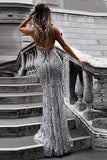 V-Neck Mermaid Sequined Lace Spaghetti Straps Backless Long Prom Dresses TP0878 - Tirdress