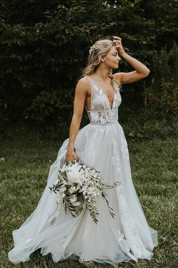 V-neck A-line Beach Wedding Dresses Appliques Tulle Bridal Gowns TN320 - Tirdress