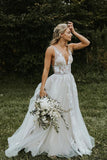 V-neck A-line Beach Wedding Dresses Appliques Tulle Bridal Gowns TN320