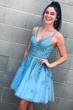 V-neck A-line Homecoming Dresses Tulle Appliqued Blue Gowns HD0144 - Tirdress