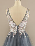 V Neck A-line Tulle Prom Dress Floral Lace Formal Dress TP1155 - Tirdress