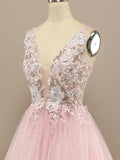 V Neck A-line Tulle Prom Dress Floral Lace Formal Dress TP1155 - Tirdress