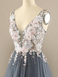 V Neck A-line Tulle Prom Dress Floral Lace Formal Dress TP1155 - Tirdress