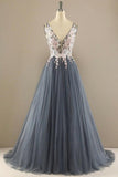 V Neck A-line Tulle Prom Dress Floral Lace Formal Dress TP1155