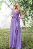 V-Neck Cap Sleeves Lace-Up Purple Long Chiffon Bridesmaid Dress BD042
