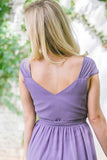 V-Neck Cap Sleeves Lace-Up Purple Long Chiffon Bridesmaid Dress BD042 - Tirdress