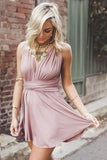 V-Neck Criss-Cross Short Blush Satin Homecoming Dress HD0124 - Tirdress