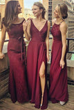 V-Neck Floor-Length Grape Chiffon Bridesmaid Dress wtih Split BD036