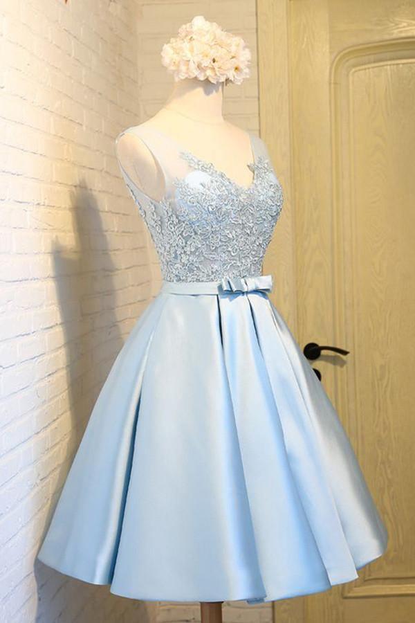 V Neck Knee Length Light Blue Satin Homecoming Dress With