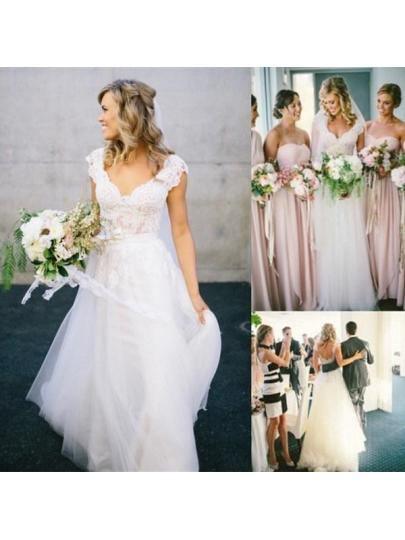 V-Neck Lace Tulle Cap Sleeve A-Line Wedding Dress WD136 - Tirdress