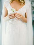 V-Neck Lace Tulle Cap Sleeve A-Line Wedding Dress WD136 - Tirdress