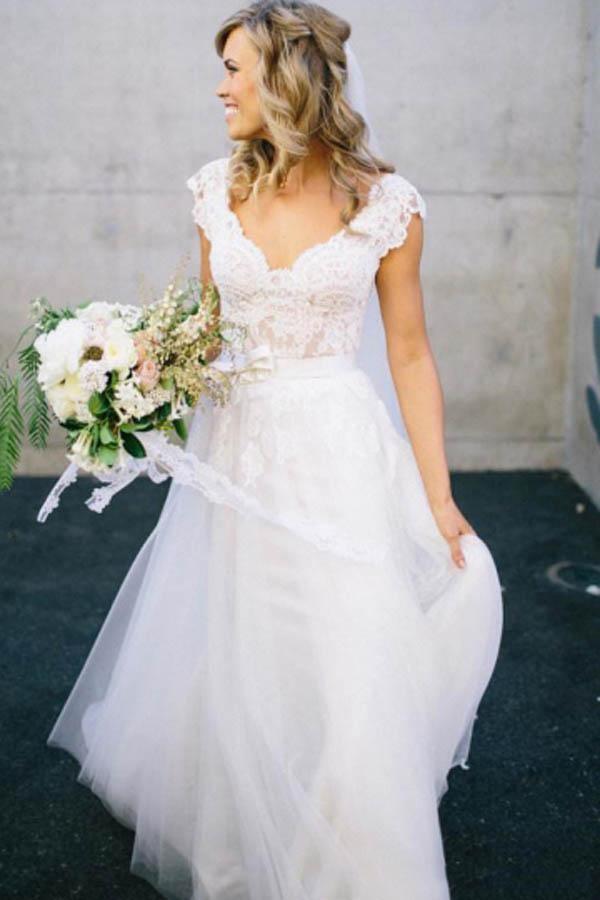 V-Neck Lace Tulle Cap Sleeve A-Line Wedding Dress WD136 - Tirdress