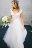 V-Neck Lace Tulle Cap Sleeve A-Line Wedding Dress WD136 - Tirdress