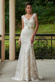 V-Neck Lace Zipper-Up Sheath Sweep Train Wedding Dress WD135 - Tirdress