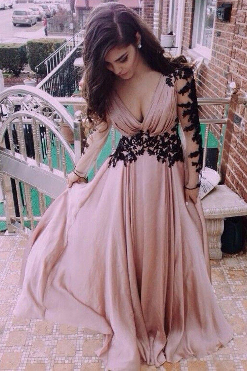V-Neck Long Sleeve Lace Prom Dresses Evening Dresses PG 245 US2 / As Picture V-Neck Long Sleeve Lace Prom Dresses Evening Dresses PG 245 US2 / As Picture