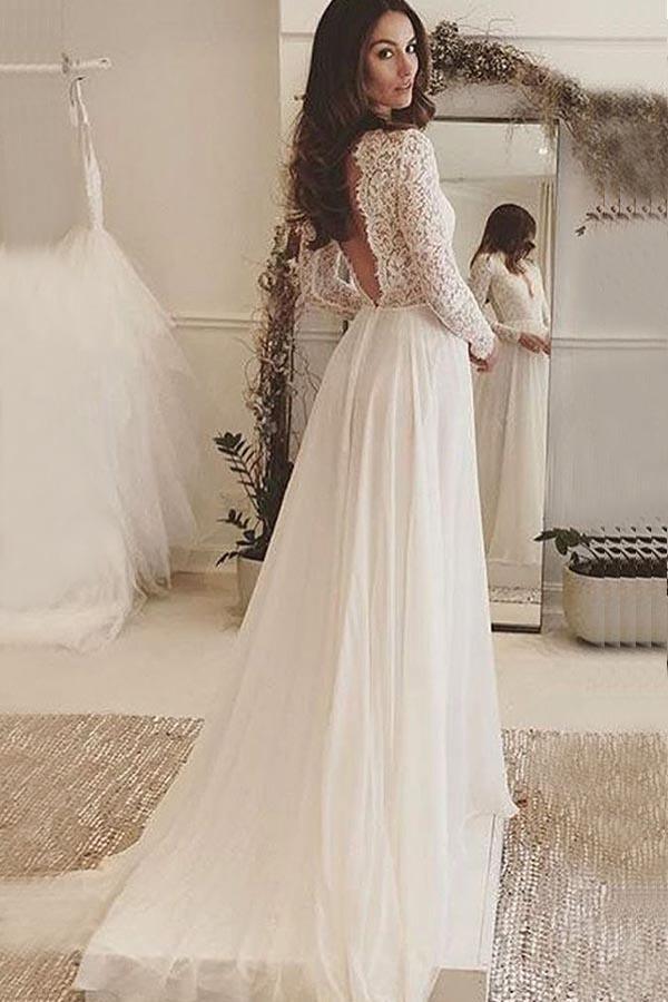 V-Neck Long Sleeves Backless Ivory Chiffon Wedding Dress with Lace WD153 - Tirdress