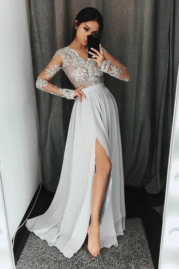 V-Neck Long Sleeves Light Grey Chiffon Prom Dress with Appliques PG435 - Tirdress