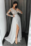 V-Neck Long Sleeves Light Grey Chiffon Prom Dress with Appliques PG435