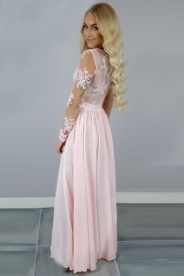V-Neck Long Sleeves Pink Chiffon Slit Prom Dress with Appliques PG457 - Tirdress