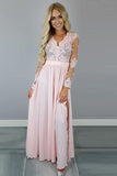 V-Neck Long Sleeves Pink Chiffon Slit Prom Dress with Appliques PG457